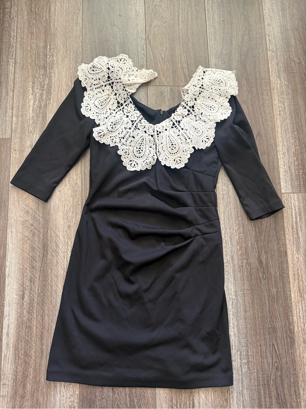 Black Midi Dress with White Lace Collar - Elegant Women's Dress